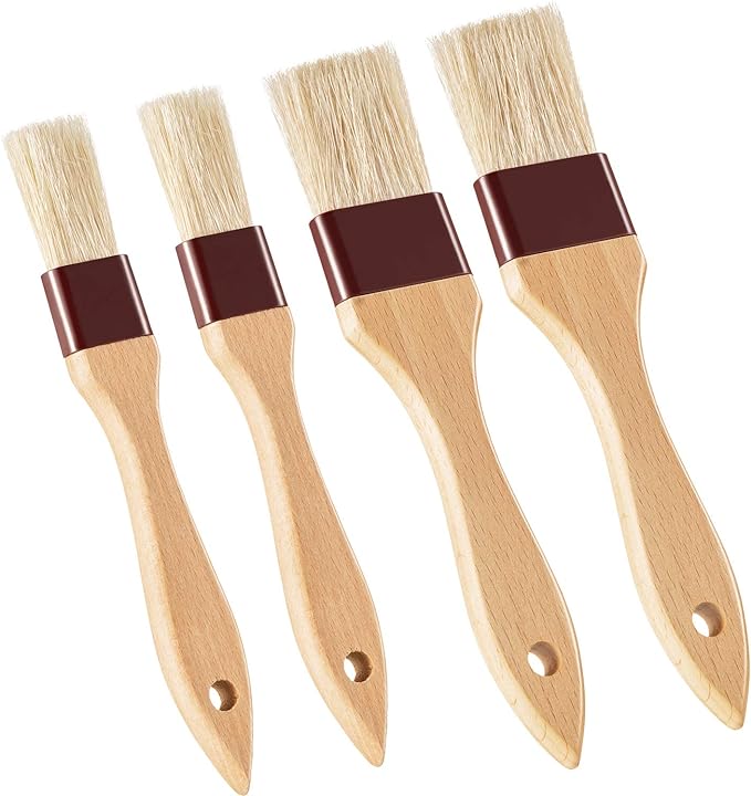Boao 4 Pcs Pastry Brush, Natural Bristle Basting Brush, Beech Wooden Handle Basting and BBQ Brushes for Cooking, Butter, Oil, Egg, Marinade, Sauce, Grilling, Baking, Kitchen Food(1 Inch, 1 1/2 Inch)