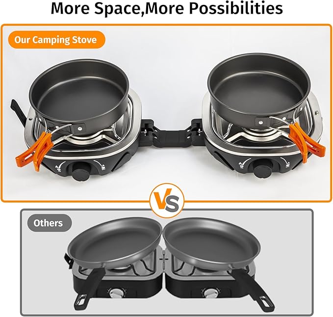 INFOOD Propane Camping Stove 20,000 BTU - Portable 2 Burner Gas Stove with Adjustable Flame Control, Piezo Ignition, Carry Bag & Propane Adapter Hose, Folding Design for Camp, BBQ, Tailgating, Black
