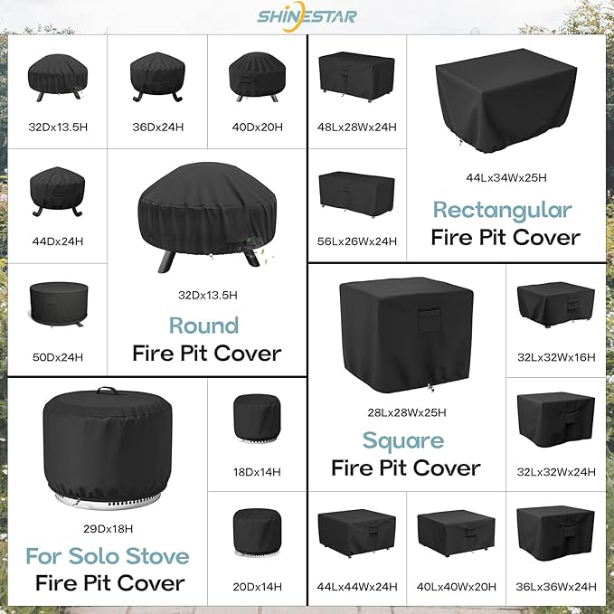 SHINESTAR Round Fire Pit Cover for 22-32 Inch Fire Pit - Waterproof and Windproof, with Straps and Built-in Vents, 32 Dia x 13.5 H, Black