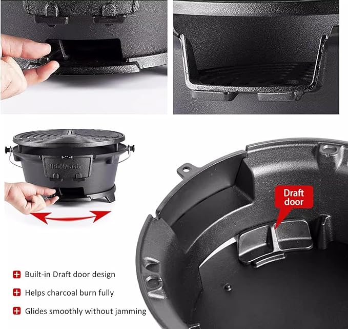 Round Mini Hibachi Grill Outdoor, Portable Small Charcoal Camping Barbecue Grill, 100% Cast Iron, Durable - Coal Door, Draft Door, Ideal for 2 People
