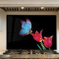 LMSDYSHU Tempered Glass Backsplash for Kitchen, Blue butterfly, Frameless, Stove Backsplash Protector for Wall,Easy to Clean, Home Decor (30"x24")