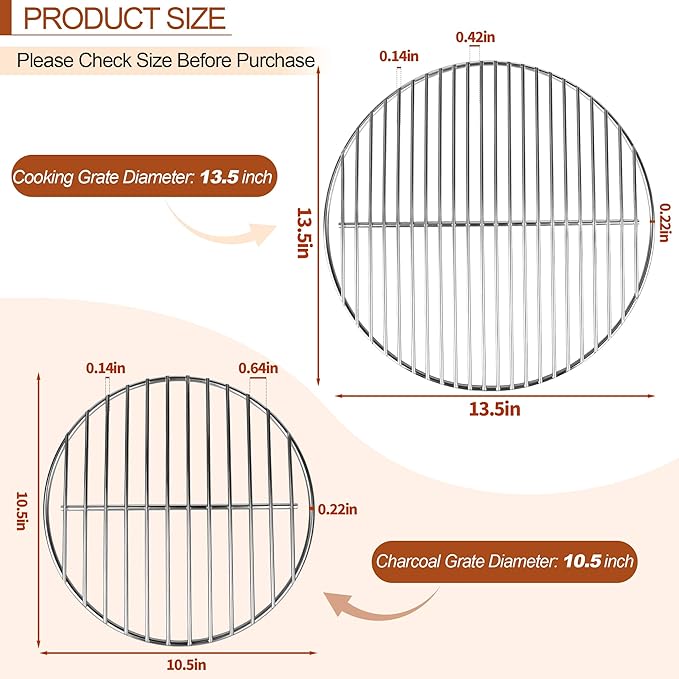 13.5" Cooking Grate & 10.5" Charcoal Grate Kit, Grill Grates Fit for Weber 14'' Smokey Joe Silver&Gold Tuck-n-Carry Charcoal Grills, Heavy-Duty Steel 7431 7439 Replacement for Weber Grate kit