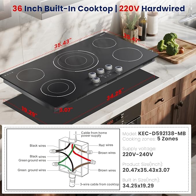 Electric Cooktop 36 Inch Karienvir, 5 Burner 9200W Electric Stove Top with Dual-Ring & Triple-Ring Burners, 220V-240V Hardwired Cooktop, 36" Cook top With Knob Control 9 Level Power, Timer, Lock