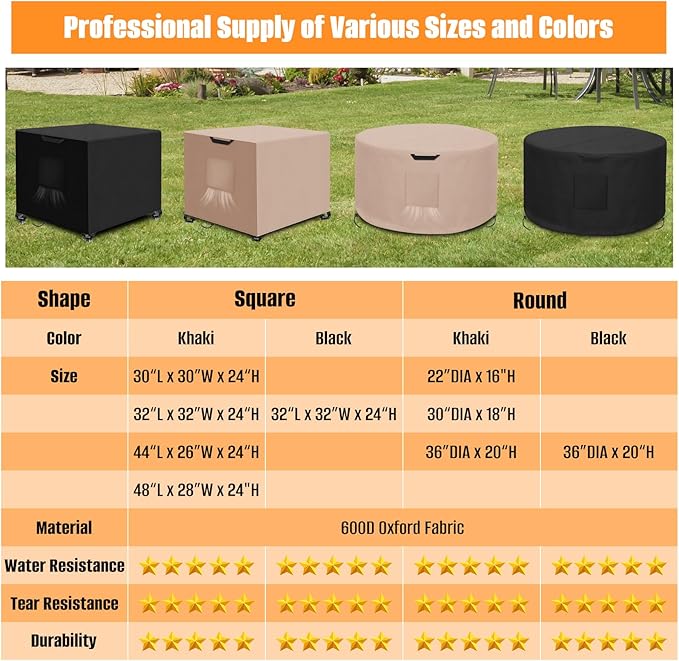 Kovshuiwe Round Fire Pit Cover-600D Fabric Waterproof and Resistant Material，Fits Outdoor For 18-22 Inch Fire Pit /Table Cover, Patio Fire Bowl Cover-22"DIA x 16"H, Khaki