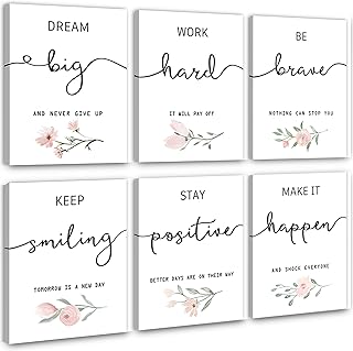 Inspirational Wall Art for Bedroom, Motivational Office Wall Art Decor, Framed Canvas Wall Art for Women, Girls, Positive Affirmations Quotes Prints, Set of 6PCS, 8"x10", FRAMED