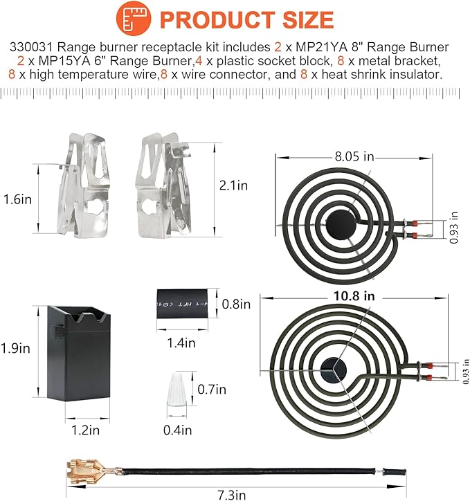 【2026 UPGRADED】MP22YA Electric Range Burner Element Unit Set(2 pcs MP15YA 6" & 2 pcs MP21YA 8") with 4 Pack 330031 Surface Element Receptacle Kit for Whirlpool Ken-more Ranges/Stoves by Beaquicy