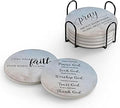 Coasters for Drinks with Bible Verses, Set of 6 Sky Blue Absorbent Drinks Coasters with Holder Ceramic Drink Coaster with Cork Backing for Table Protection, Christian Gifts