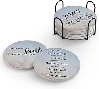 Coasters for Drinks with Bible Verses, Set of 6 Sky Blue Absorbent Drinks Coasters with Holder Ceramic Drink Coaster with Cork Backing for Table Protection, Christian Gifts