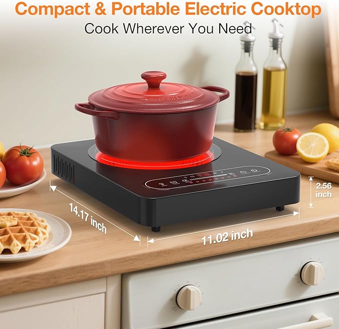 Electric Cooktop, 1800W Portable Electric Stove with LED Touch Control, Single Burner Infrared Hot Plate with Child Safety Lock, 99 Timer and Overheat Protection for Dorm Home RV Camping
