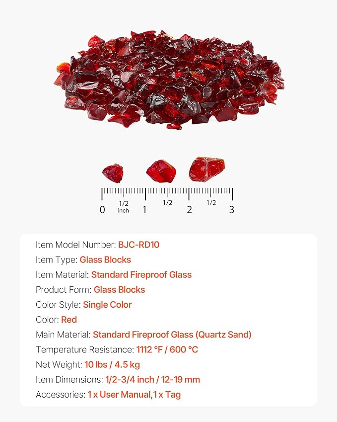 VEVOR Fire Glass, 10 lbs, Red, 3/4 Inch High-Temperature Resistant Reflective Glass Rocks, Smokeless Fire Pit Stones for Outdoor Table & Landscaping
