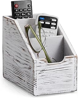 Remote Control Holder, TV Remote Holder, Wood Farmhouse Remote Caddy for Table, Remote Organizer Caddy with 3 Slots, Remote Storage Box for Home Office, Rustic White