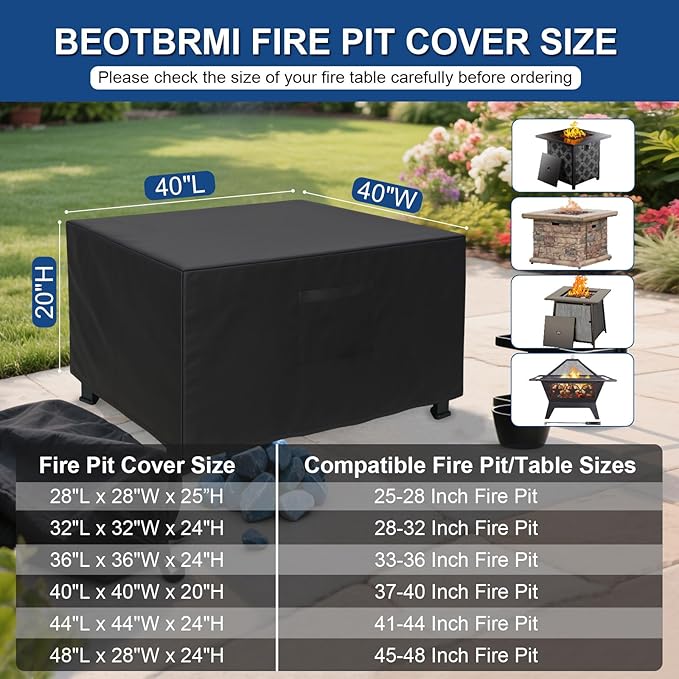 Square Fire Pit Cover, Upgraded Heavy Duty Fabric with Air Vent and Drawstring Fit for 37-40 Inch Outdoor Fireplace Cover & Fire Pit Table, 100% Waterproof & Tear Resistant