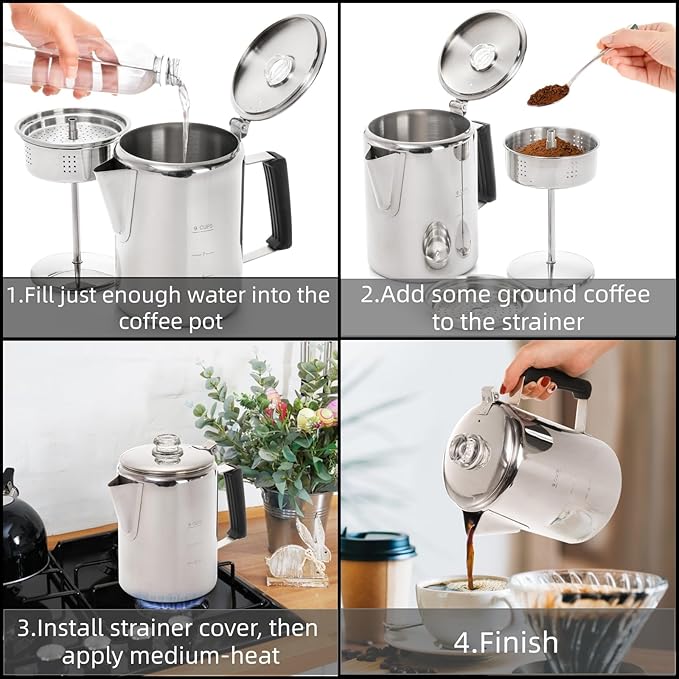 Cididu Camping Coffee Pot Stainless Steel, Coffee Pot Outdoors, Durable Stove Top Brew Coffee Maker on Fire, Ideal for Group Camping, Hiking, Backpacking, RV and Travel, 9 Cups
