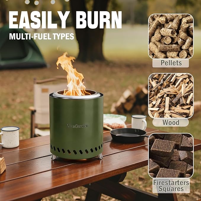9.5 X 8.6 Inch Tabletop Fire Pit, VivaGarden Portable Firepit, Smokeless Table Top Firepit, Safe Burning Camping Stove, Fueled by Pellets or Wood, Forks, Mat & Travel Bag Included, Green