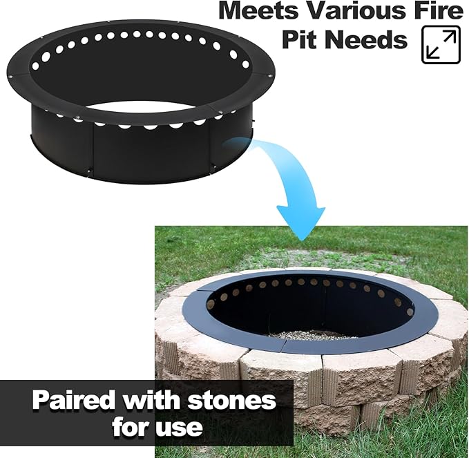 Outdoor Smokeless Fire Pit Ring 40 Inch Outer/36 Inch Inner Diameter, Heavy Duty Metal Round Liner Insert for Outside DIY Campfire or Bonfire Ring, Above or In Ground Use