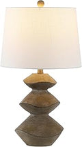 JONATHAN Y 24.5" Brown Wood Finish Coastal 3-Stack Cairn LED Table Lamp for Living Room, White Linen Shade, Rustic Mid-Century Modern Bedside Lamp for Bedroom Office JYL4061A