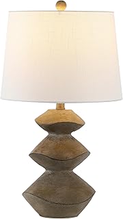 JONATHAN Y 24.5" Brown Wood Finish Coastal 3-Stack Cairn LED Table Lamp for Living Room, White Linen Shade, Rustic Mid-Century Modern Bedside Lamp for Bedroom Office JYL4061A