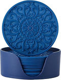 Colinda Silicone Coasters - Set of 6 with Holder, Non-Slip Cup Mats for Hot and Cold Drinks, Decorative Designs, Gift Ready Packaging, Navy Blue