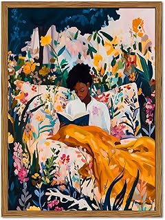 Framed Black Woman Reading Wall Art, Boho Black Girl Colorful Floral Paintings Wall Decor, African American Pictures Canvas Prints Aesthetic Home Decor for Living Room Bedroom Dorm 12x16 inch
