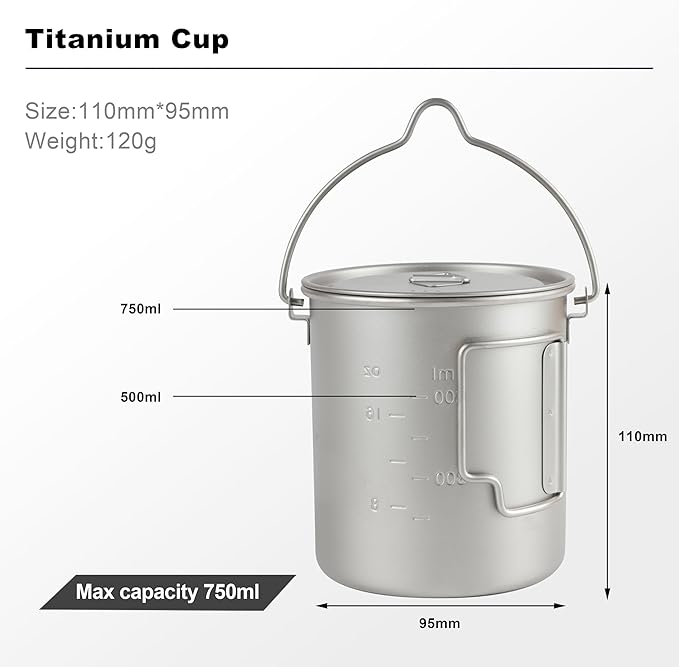 THTYBROS Titanium 750ml Pot with Titanium Spork, Ourdoor Solo Camping Mug, Hanging Cup Spork Kits