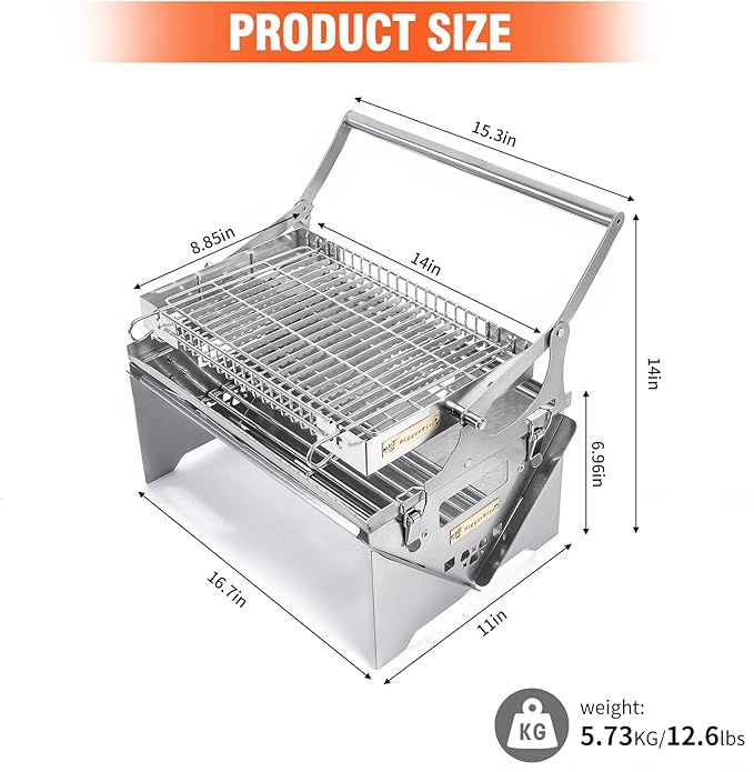 360° Rotating Barbecue Grill, Stainless Steel Flipping Barbecue Grills, Portable Camping Charcoal BBQ Grill Outdoor, Detachable Portable Charcoal Barbecue Grill for Picnic Yard Party