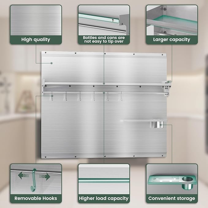 36"x24" Stove Backsplash, Stainless Steel Range Backsplash with Storage Shelf & Hooks - Easy Install Kitchen Splash Guard Wall Panel