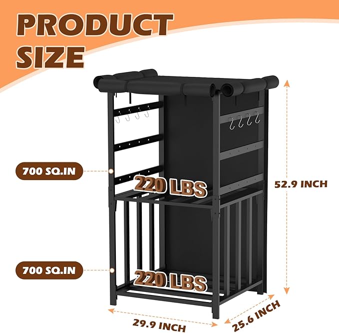 Firewood Storage Rack for Solo Stove Bonfire Ranger Yukon Fire Pit Accessories, Black Steel with Powder Coated Finish, Adjustable Shelves, Waterproof Cover, 29.9" x 25.6" x 52.9"