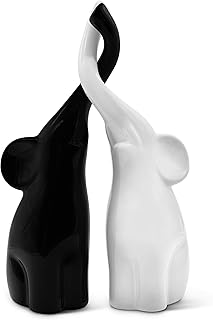Vaudagio Loving Pair of Elephants in Black and White - Modern Ceramic Sculpture as a Set - Decoration Figure 10.2" high Ornament - Elephant Figurine