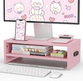 BONTEC Wooden Monitor Stand Riser, 2-Tier Desk Shelf with Storage Organizer, Ergonomic Computer Stand with Cable Management, Cellphone Holder, Pink, 16.5 Inch