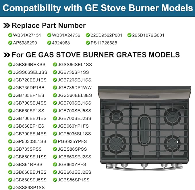 Criditpid WB31X27151 Side Grate & WB31X24738 Center Griddle Plate Kit Replacement Parts for GE Stoves, General Electric Gas Range Burner Grate for JGBS66REKSS JGB735SPSS JGBS86SPSS, 2+1 Pack.
