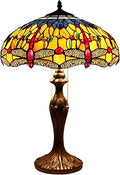 WERFACTORY Tiffany Style Table Lamp Stained Glass Bedside Lamp Orange Blue Dragonfly 16X16X24 Inches Desk Reading Light Metal Base Decor Bedroom Living Room Home Office S168 Series