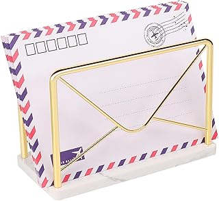 Modern Mail Holder for Home Office, Metal Letter Organizer Sorter for Desk, Cutout Mail Envelope Design, Bill Filling Paper Document Rack, Envelope Storage Rack with Marble Base (Gold)