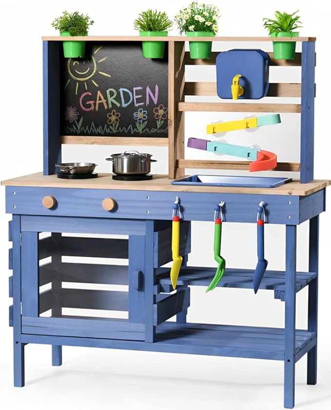Wooden Outdoor Mud Kitchen for Kids, Pretend Play Kitchen Playset with Removable Sink, Faucet, Stove Top, Planting Area & Cooking Accessories, Toddler Gift for Boys Girls Ages 3+ (Blue)