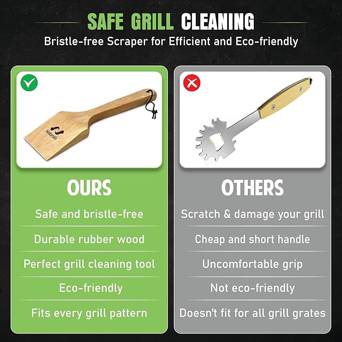 All-Natural Wooden Grill Scraper Tool 16" | Bristle-Free Grill Cleaner for Outdoor Grill | Eco-Friendly BBQ Cleaning Tool for Safe Grate Care