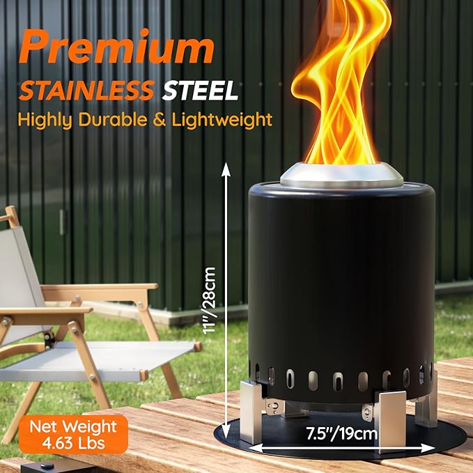 Mini Smokeless 7 Inch Tabletop Fire Pit with Pan Stand and Insulation Mat, Portable Stainless Steel Fire Pit for Camping, Patio Tabletop Firepit, Burns Wood or Pellets, Travel Bag Included, Black