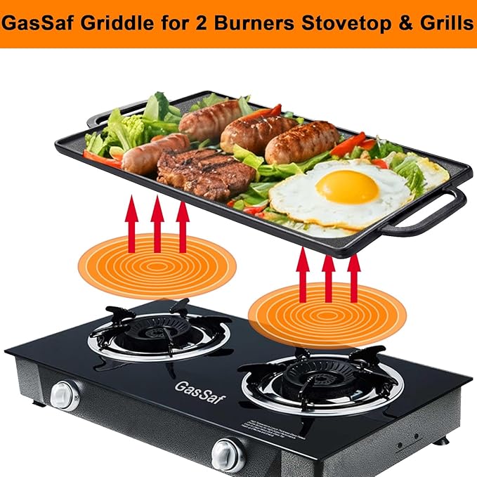 GasSaf 20x9 Heavy Cast Iron Griddle for Gas Grills, Griddle Pan for Stove Top, Reversible Double-Sided 2-in-1 Cast Iron Pan Plate for 2 Burners Stovetop, BBQ Grills & Outdoor Camping