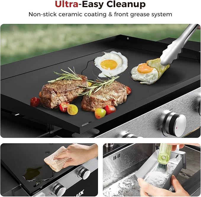 CAMPLUX Propane Griddle Flat Top, 3-Burner Gas Griddle with 3mm Thick Non-Deformable Plate & Ceramic Non-Stick Coating, 33,000 BTU Outdoor Cooking Station with Wheels and Side Shelves for Camping