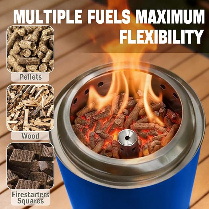 Smokeless Tabletop Fire Pit, VivaGarden Portable Outdoor Fire Pit for Camping, Patio, Backyard, Wood and Pellets Burning Camping Stove with Carry Bag, Forks, Mat and Pot Stand (9.7x7.1 Inch, Blue)