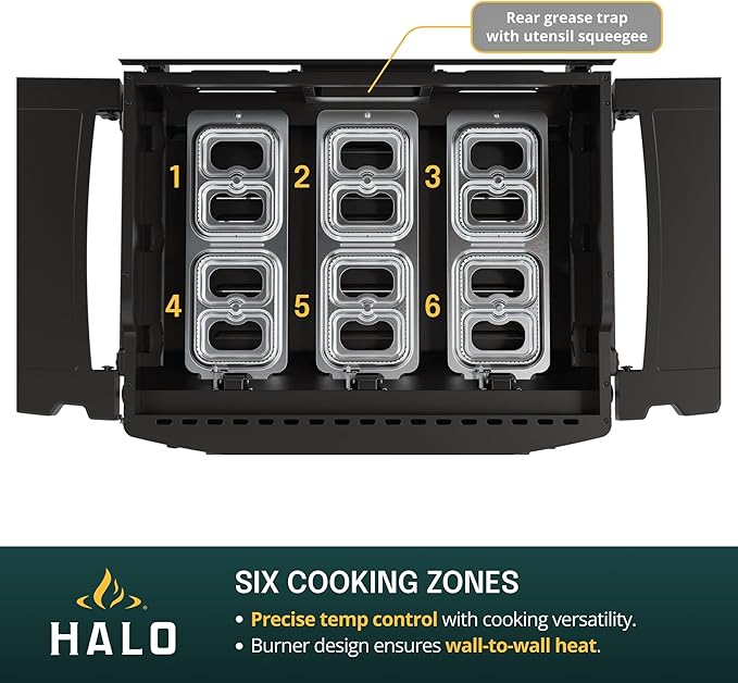 HALO Elite3B Outdoor Griddle | 3 Burner, 6 Cooking Zones | Large Surface with Warming Rack | 564 sq. in. (28.19″ x 20″) Wind-Proof Cooking Surface | Propane and Natural Gas Grill | HZ-1002-XNA