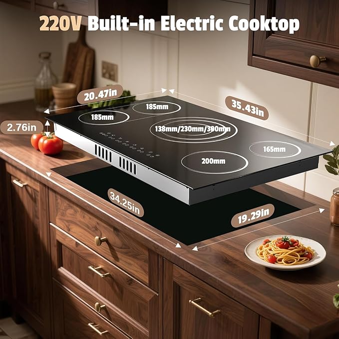 5 Burner Electric Cooktop 36 Inch, Nefaracy Built-in Electric Stove Top 9600W, 36'' Ceramic Cooktop with Touch Control, BBQ Burner, Timer & Pause, Safety Lock, 220V Hard Wire