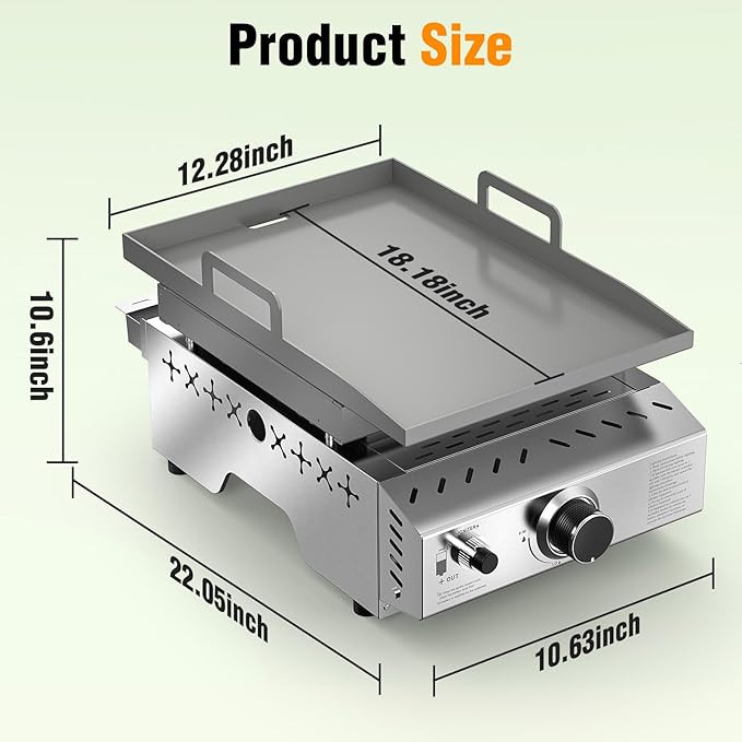 Electactic Stainless Steel Tabletop Grill,18 Inch Portable Propane Grill Griddle with Handle,8000 BTU Flat Top Grill for Camping, Outdoor & Tailgating Barbecue