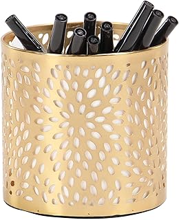 Deco 79 Metal Cylinder Pencil Cup with Laser Carved Floral Design, 4" x 4" x 4", Gold