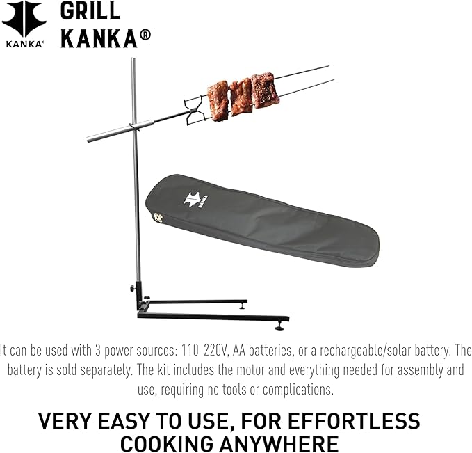 KANKA Rotisserie Grill Kit – Heavy Duty Portable Spit Roaster with Electric Motor – Works with Fire Pits, Campfires, Charcoal & Gas Grills – 22LB Capacity, Stainless Steel - Includes Carrying Bag