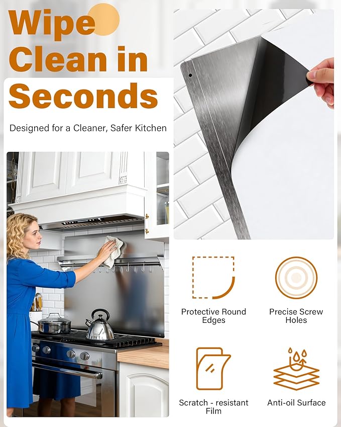 24 x 30 In Stainless Steel Backsplash - Kitchen Wall Splash Guard Behind Stove with Storage Shelf and Hanging Rack, Easy Clean and Installation