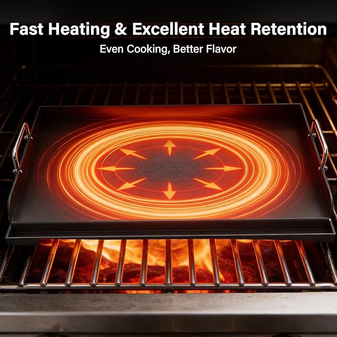 25" x 16" Cast Iron Flat Top Griddle - 23lb Heavy Duty - Oil Coating Non-Toxic - High Sidewalls Universal Grill Insert Fits Gas/Charcoal/Electric Grills for Weber Charbroil Nexgrill