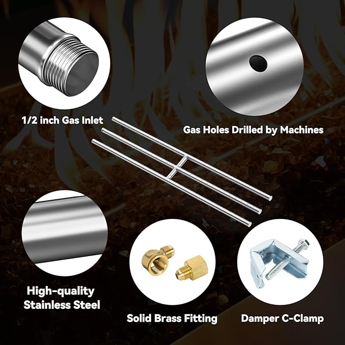 Skyflame 30" x 6" Rectangular Gas Fire Pit and Fireplace H-Burner with 3 Pipes - 304 Stainless Steel - for Indoor & Outdoor Use