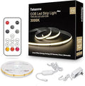 Tatazone 32.8ft 3000K Bright COB LED Strip Light, Dimmable, CRI93+, Warm White, Indoor, RF Remote, Adhesive, for Living Room, Shelf, Cabinet, Kitchen
