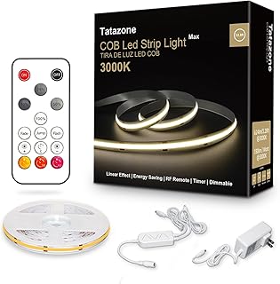 Tatazone 32.8ft 3000K Bright COB LED Strip Light, Dimmable, CRI93+, Warm White, Indoor, RF Remote, Adhesive, for Living Room, Shelf, Cabinet, Kitchen