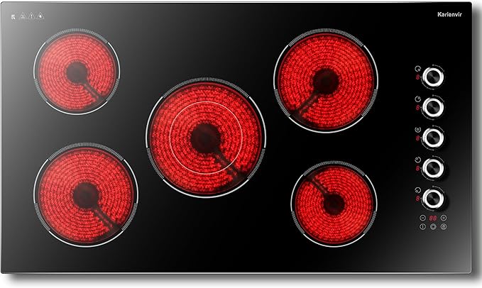 36 Inch Electric Cooktop 5 burner Karienvir, 8900W Built-in Electric Stove Top, Cooktop 36" with Double-ring Burner, Knob & Touch Control, 9 Power Levels, Timer, Safety Lock, 220V-240V Hard Wire