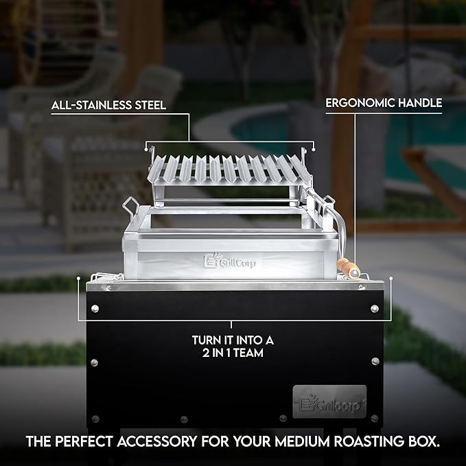 Junior Argentine Grill – Portable & Built-in 100% Stainless Steel BBQ with Lifting System & Drip Pan – Fits Junior Grillcorp Roasting Box – Outdoor Cooking & Camping Accessory